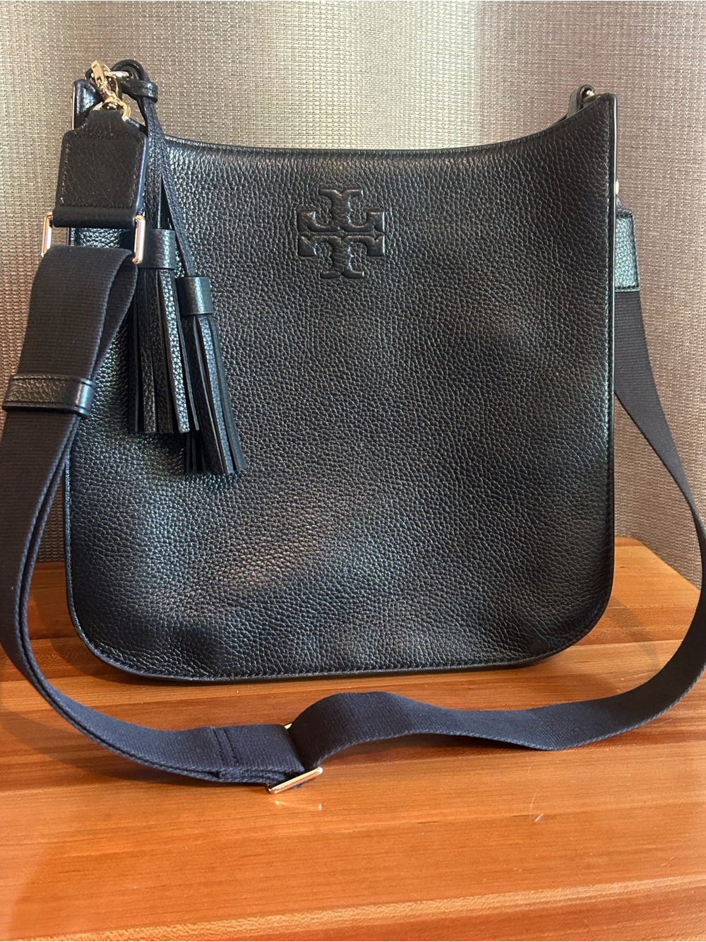 Tory Burch Black Pebbled Leather Crossbody with Tassel Strap